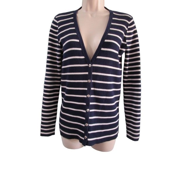 Lauren Ralph Lauren Navy White Stripe V Neck Button Up Cardigan Ladies S/P EUC - Picture 6 of 16